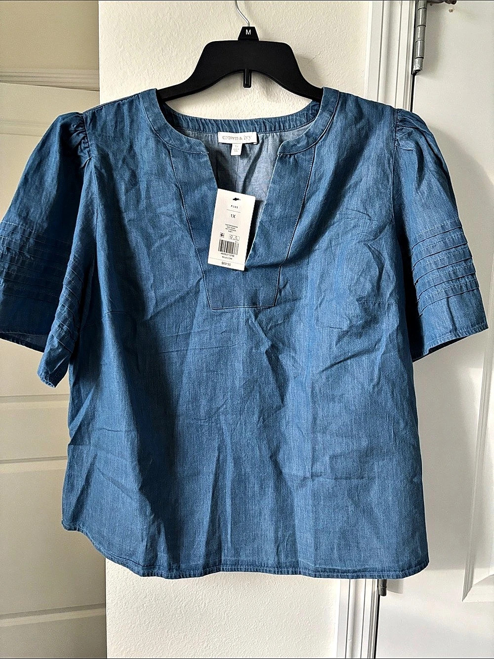 Crown & Ivy Plus Size Short Sleeve Split Neck Top Blue XL